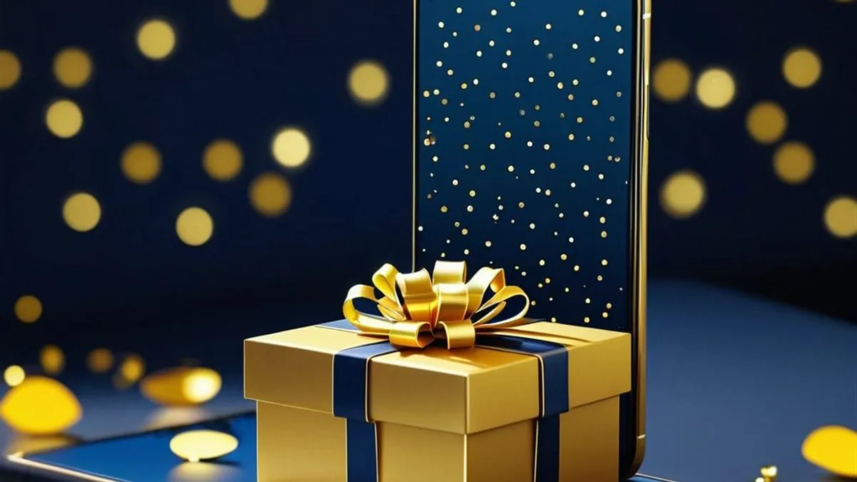 Caja de regalo dorada con moño sobre un celular rodeado de confeti dorado