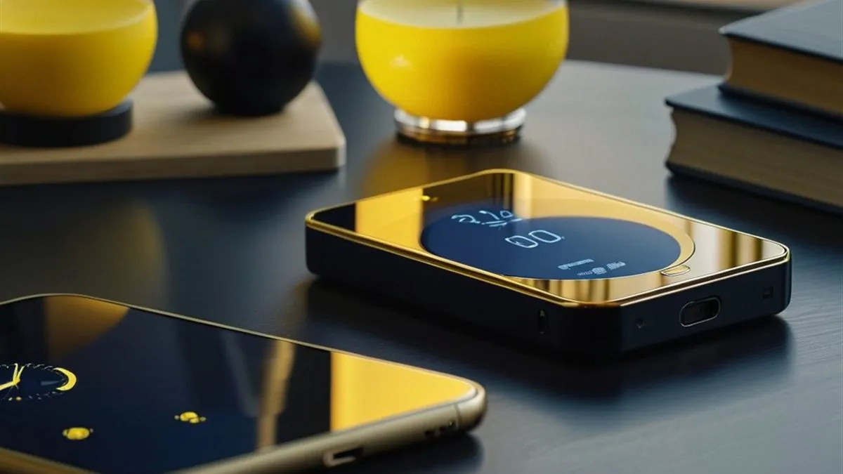 Celulares sobre un escritorio oscuro junto a relojes de arena con arena amarilla